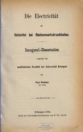 Die Electricität als Heilmittel bei Rückenmarkskrankheiten