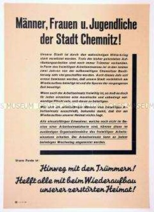 Maueranschlag mit dem Aufruf an die Chemnitzer Bevölkerung zum freiwilligen Arbeitseinsatz zur Trümmerbeseitigung