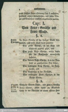 Cap. I. Vom Feuer-Geräthe und Feuer-Wache