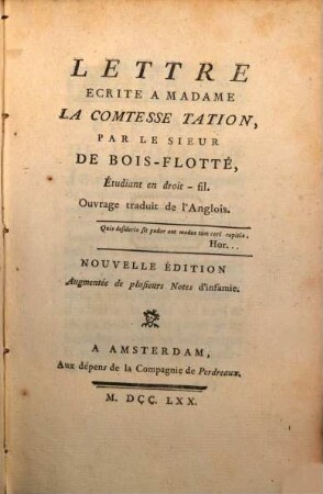 Lettre écrite à Madame la comtesse Tation