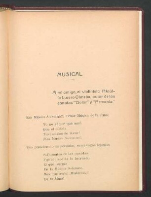 Musical : Á mi amigo, el violinista Ataúlfo Lucero Olmedo, autor de las sonatas "Dolor" y "Armonía"