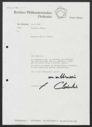 Brief an Emilio Vedova, 23.05.1996