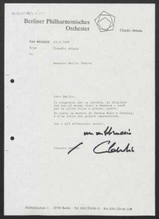 Brief an Emilio Vedova, 23.05.1996