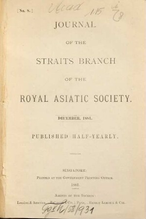 Journal of the Straits Branch of the Royal Asiatic Society. 8. 1881