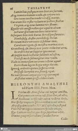 Hieronymi Amalthei ad Pium IIII. Pont. Max.