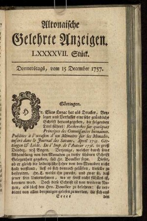 LXXXXVII. Stück. Donnerstags, vom 15 December 1757