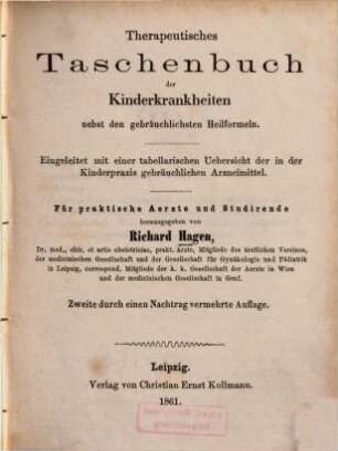 Therapeutisches Taschenbuch der Kinderkrankheiten nebst den gebräuchlichsten Heilformeln