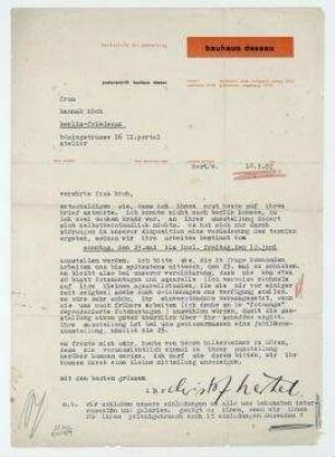 Brief von Christof Hertel an Hannah Höch. Dessau. Briefkopf: "hochschule für gestaltung bauhaus dessau [...]".