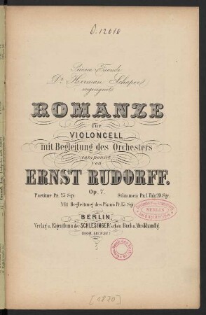 Romanze für Violoncell mit Begleitung des Orchesters : Op. 7