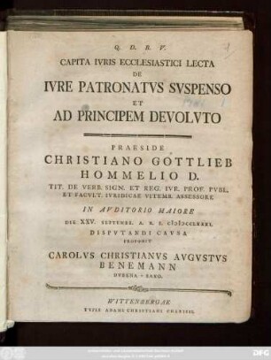 Capita Ivris Ecclesiastici Lecta De Ivre Patronatvs Svspenso Et Ad Principem Devolvto