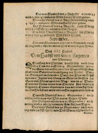 Das IIII, Capitel. Vom Herbst/ und seinen Regenten und Witterung