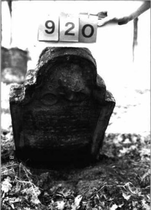 Grabstein 920 (Index: 99753205) Material: Sandstein Zustand: stark verwittert/großer Textverlust Maße HxBxT: 98x52x11 cm Beschreibung: Stele, doppelt eingezogener Rundbogenabschluß, Schriftfeld eingetieft Symbolik: Levitenkanne mit Schale: Grabstein 920