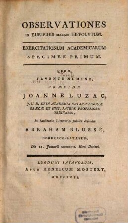 Exercitationum academicarum, Specimen I. Observationes in Euripidis maxime Hippolytum
