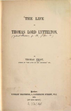 The life of Thomas Lord Lyttelton