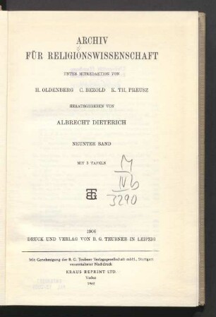 9.1906: Archiv für Religionswissenschaft