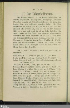 II. Lehrerkollegium