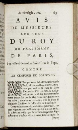 Avis De Messieurs Les Gens Du Roy Du Parlement De Paris, Sur le Bref de nostre Saint Pere le Pape, Contre Les Censures De Sorbonne.