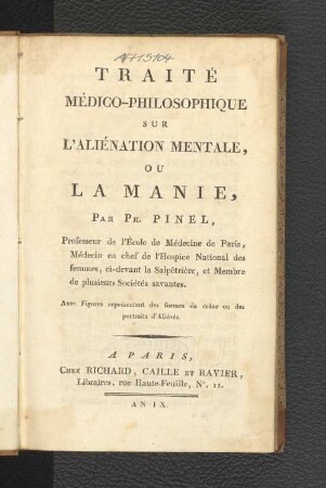 Traité médico-philosophique sur l'aliénation mentale ou la manie