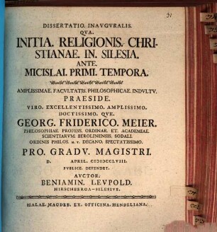 Dissertatio. Inavgvralis. Qva. Initia. Religionis. Christianae. In. Silesia. Ante. Micislai. Primi. Tempora.