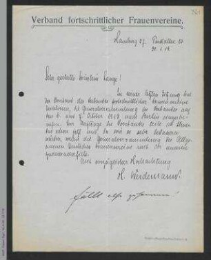 Brief von Hedwig Weidemann an Helene Lange