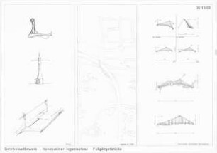 Eine Fußgängerbrücke über den Teltowkanal, Berlin-Adlershof Schinkelwettbewerb 1996: Skizzen, Lageplan 1:2000, Kräftepläne