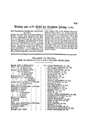 Beylage zum 27ten Stück der Deutschen Zeitung 1789