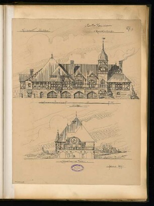 Ruderklubhaus Monatskonkurrenz Februar 1897: Aufriss Ansicht vom Wasser, Seitenansicht 1:150; Maßstabsleiste