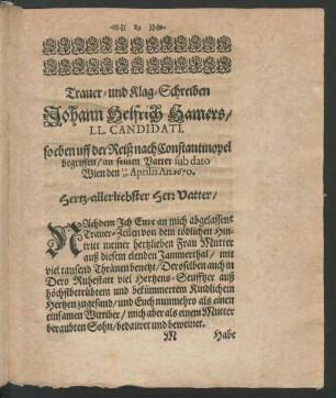Trauer- und Klag-Schreiben Johann Helfrich Hamers ...