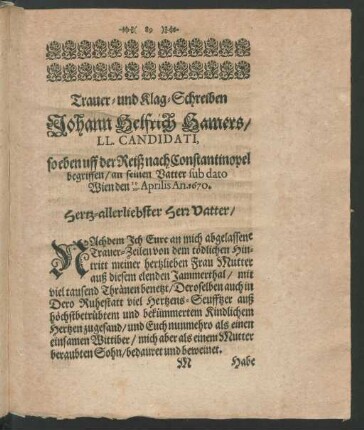 Trauer- und Klag-Schreiben Johann Helfrich Hamers ...