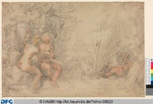 Liebespaar (Medore und Angelica ?) an einem Baum sitzend, von zwei Satyrn belauscht