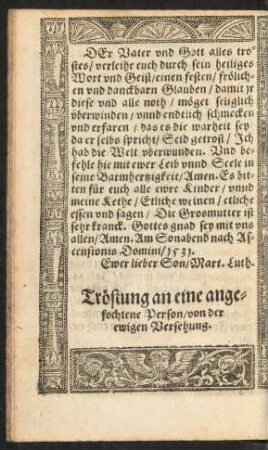 Tröstung an eine angefochtene Person/ von der ewigen Versehung.