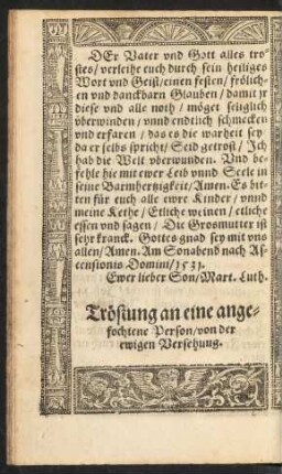 Tröstung an eine angefochtene Person/ von der ewigen Versehung.