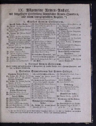 IX. Allgemeine Armen-Anstalt, mit beygefügter Eintheilung sämmtlicher Armen-Quartiere, und einem topographischen Register.