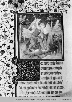 Missale Romanum cum Calendario : Textseite mit Randseitenbordüre, Initiale B und Miniatur: Michael tötet den Drachen