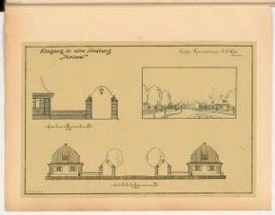Eingang in eine Siedlung Monatskonkurrenz 1921: Aufriss Straßenansicht 1:100, 1:50; perspektivische Ansicht; 2 Maßstabsleisten