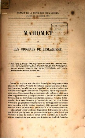 Mahomet et les origines de l'Islamisme : (Extrait de la Revue des deux mondes, livraison du 15 déc. 1851)