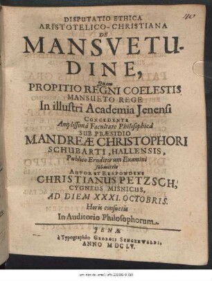 Disputatio Ethica Aristotelico-Christiana De Mansuetudine