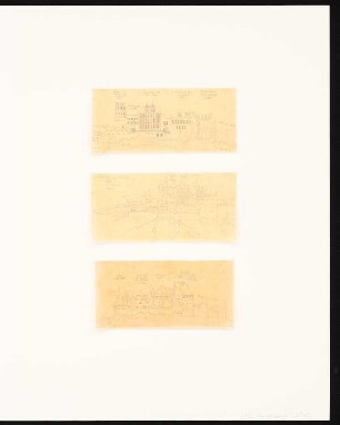 Heidelberger Schloss: Drei Blätter auf Karton (Durchzeichnungen) im Passepartout mit perspektivischen Ansichten des Schlosses aus unterschiedlichen Zeiten, 1. obere Zeichnung nach alter Zeichnung (nach 1689), 2. mittlere Zeichnung nach Merians Topographie von 1621, 3. untere Zeichnung nach Münsters Cosmographie von 1545