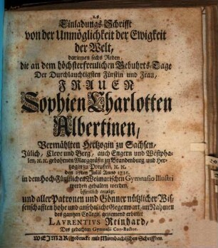 Einladungs-Schrifft von der Unmöglichkeit der Ewigkeit der Welt