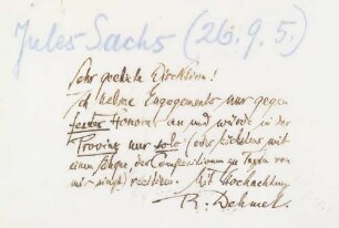Brief an Jules Sachs Konzertdirektion