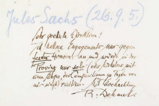 Brief an Jules Sachs Konzertdirektion