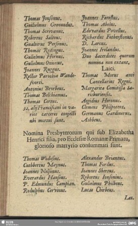 Nomina Presbyterorum qui sub Elisabetha Henrici filia, pro Ecclesiae Romanae Primatu, gloriosa martyrio consummati sunt