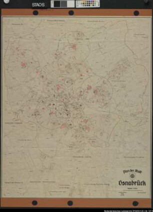 Plan der Stadt Osnabrück. Ausf.-Art: Farbige Zeichnung auf Papier Herst.: Willy Größchen, Städt. Vermessungsamt Osnabrück Format: 115 x 95 cm Maßstab: 1 : 10000