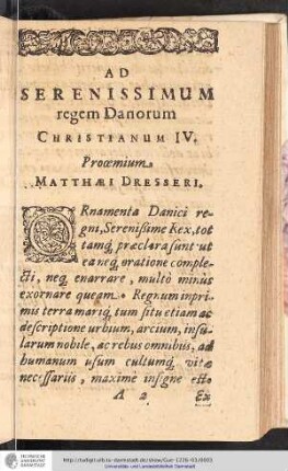 Epistola dedicatoria: Ad serenissimum regem Danorum Christianum IV. Proœmium. Matthæi Dresseri.