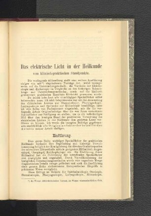 Das elektrische Licht in der Heilkunde vom klinisch-praktischen Standpunkte.