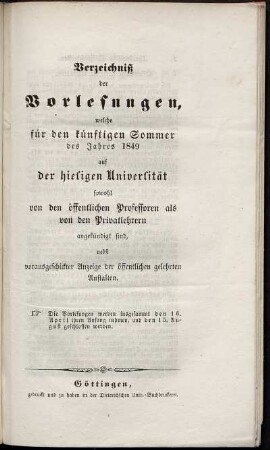 SS 1849: Verzeichnis der Vorlesungen // Georg-August-Universität Göttingen