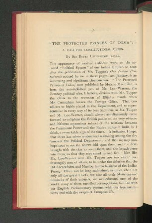 "The Protected Princes of India". A Plea for Constitutional Union.