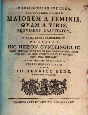 Commentatio Ivridica, Qva Doctrina Vvlgaris Maiorem A Feminis, Qvam A Viris, Reqvirens Castitatem