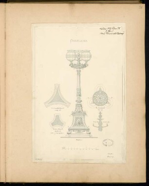 Gusseiserner Kandelaber Monatskonkurrenz Februar 1877: 2 Horizontalschnitte, Ansicht, Untersicht und Querschnitt des Lampenkörpers; Maßstabsleiste