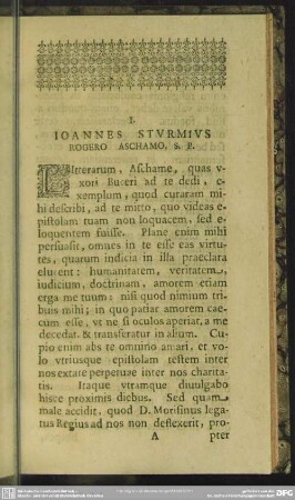 I. Ioannes Sturmius Rogero Aschamo. S. P.